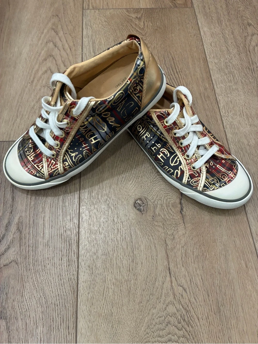 Coach Barrett plaid graffiti gold metallic low top sneakers